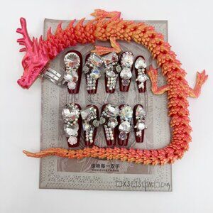 Luxury Dragon Ring Press-On Nails | Rhinestone 3D Flower | Long Coffin